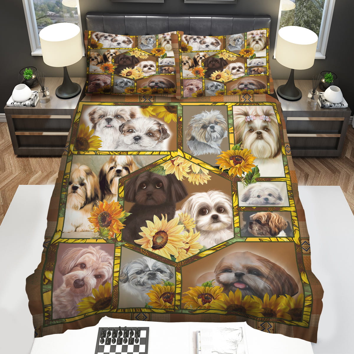 Shih Tzu Sunflower Squares Bedding Sets Duvet Cover Flatsheet Pillowcase