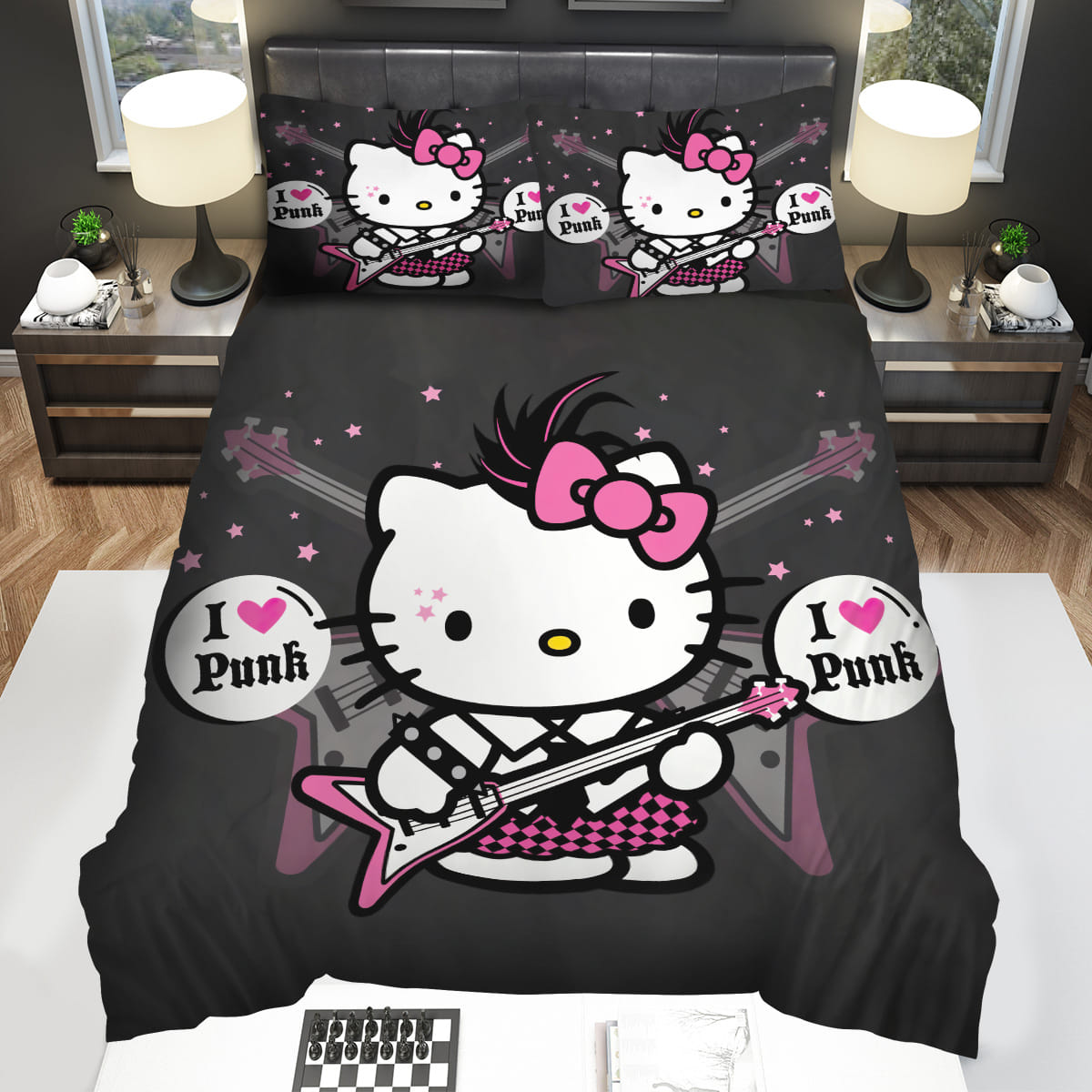 Punk Rock Style Hello Kitty Decorative Bedding Sets with Duvet Cover Flatsheet Pillowcase