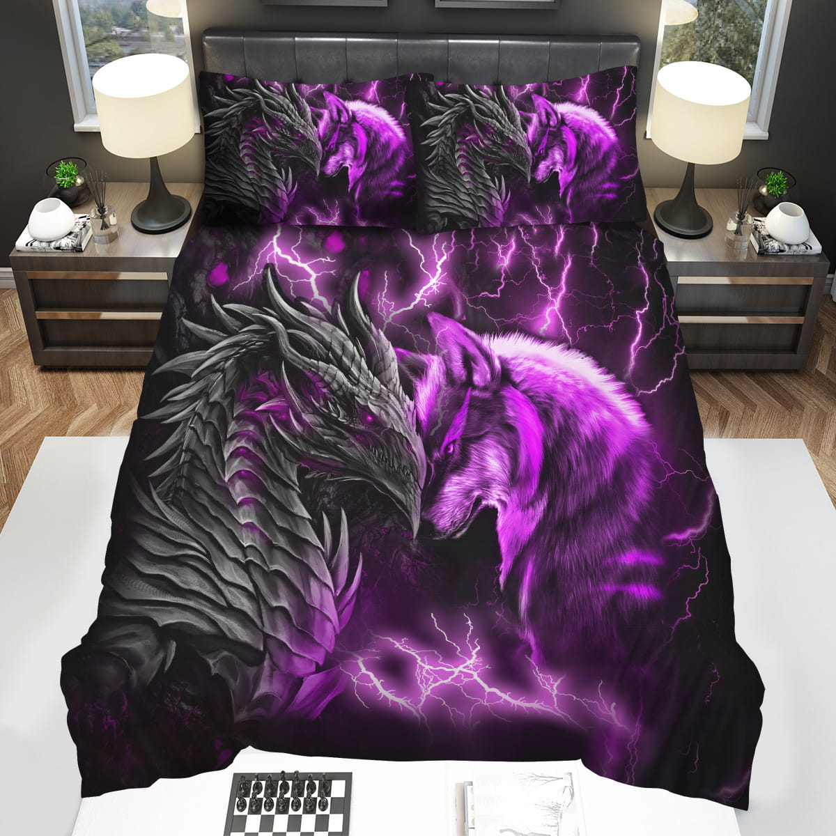 Purple Dragon & Wolf Bedding Sets Gift For Christmas Thanksgiving Halloween
