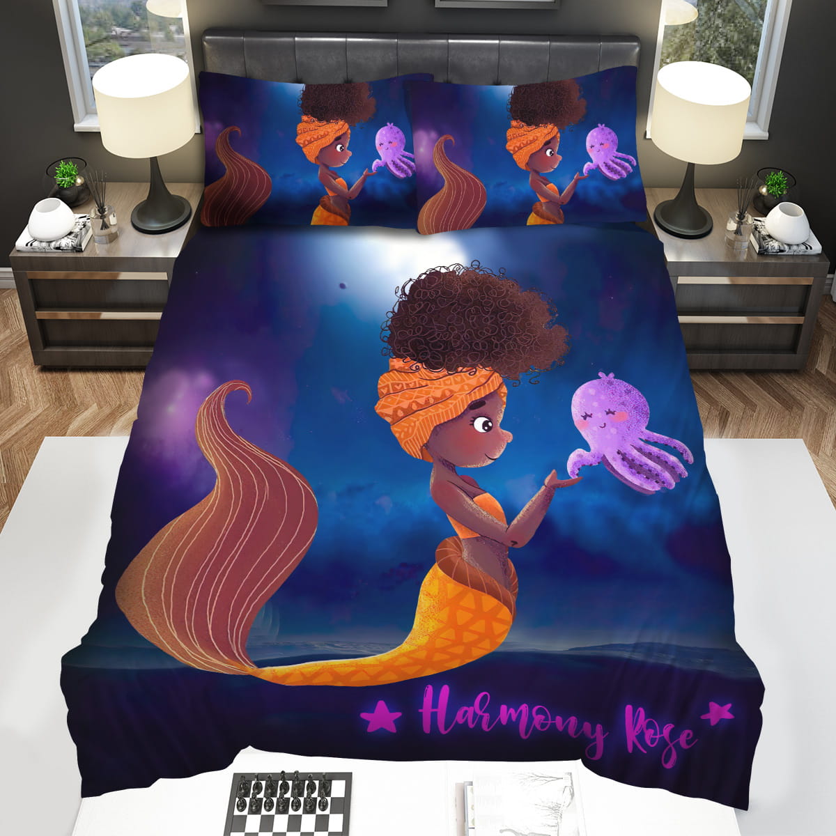 Personalized Cute Black Little Girl Black Mermaid With Jellyfish Custom Name Decorative Bedding Sets with Duvet Cover Flatsheet Pillowcase