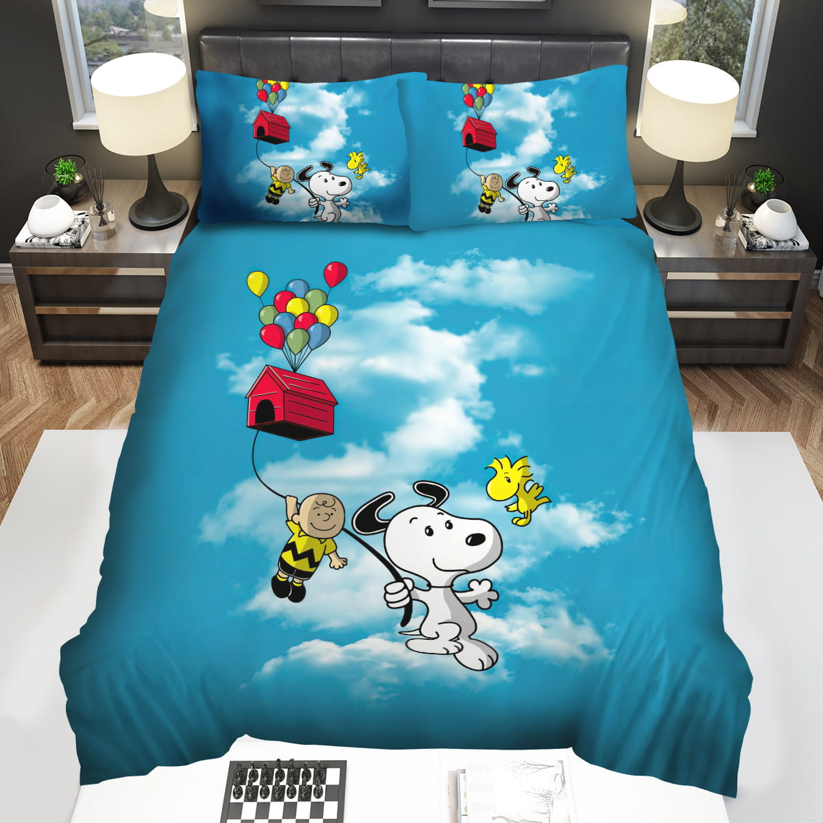 Peanuts Charlie Brown Snoopy & Woodstock Flying With Balloons Decorative Bedding Sets with Duvet Cover Flatsheet Pillowcase