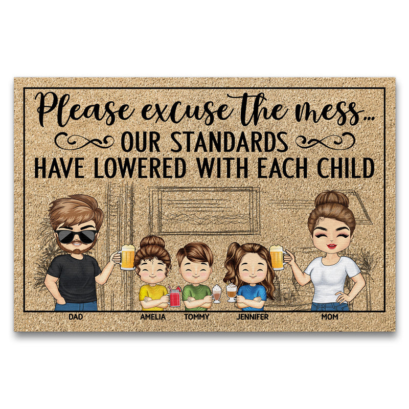 Please Excuse The Mess Our Standards Have Lowered With Each Child Chibi Couple Husband Wife Family Custom Doormat