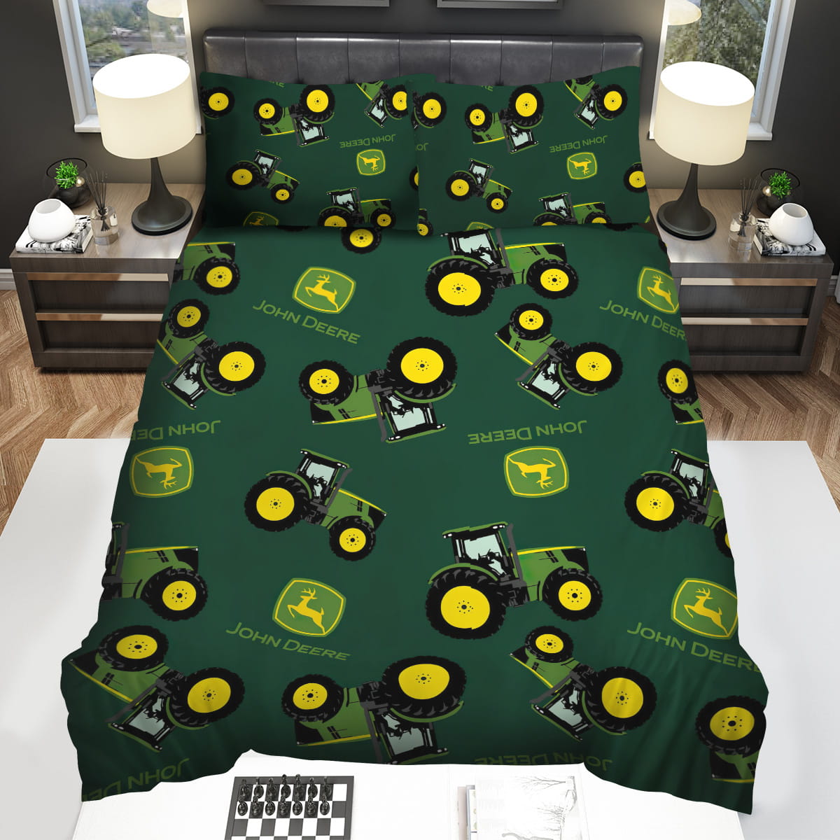 John Deere Green Tractor Pattern Decorative Bedding Sets with Duvet Cover Flatsheet Pillowcase