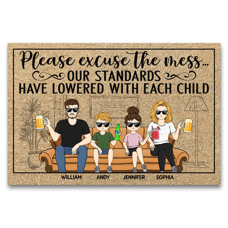 Please Excuse The Mess Our Standards Have Lowered With Each Child Sitting Couple Husband Wife Family Custom Doormat