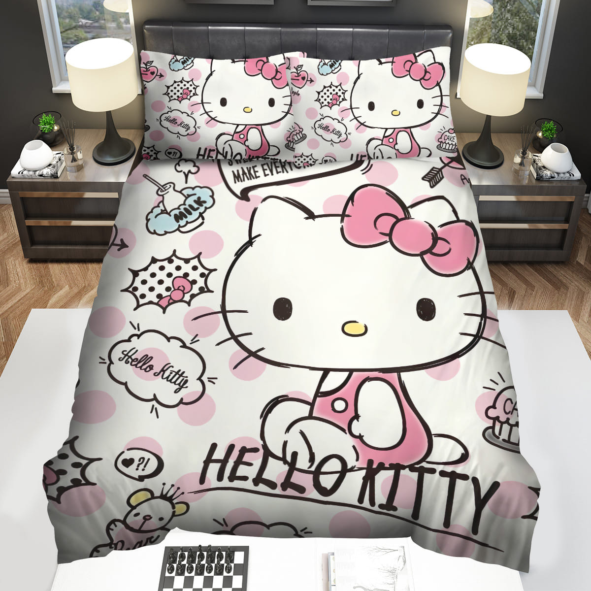 Hello Kitty Cute Drawings Pattern Decorative Bedding Sets with Duvet Cover Flatsheet Pillowcase