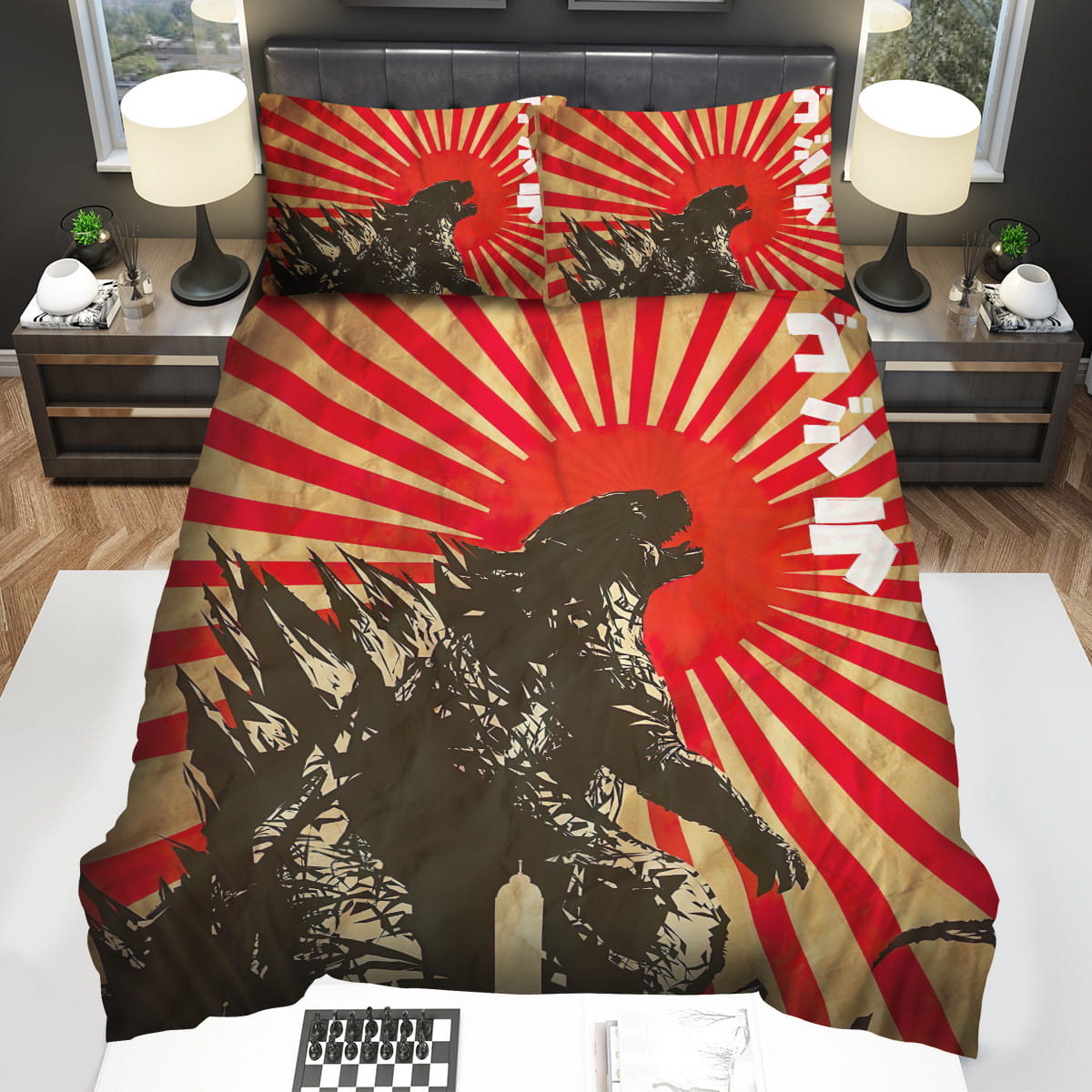 Godzilla Silhouette In Japanese Sun Symbol Decorative Bedding Sets with Duvet Cover Flatsheet Pillowcase