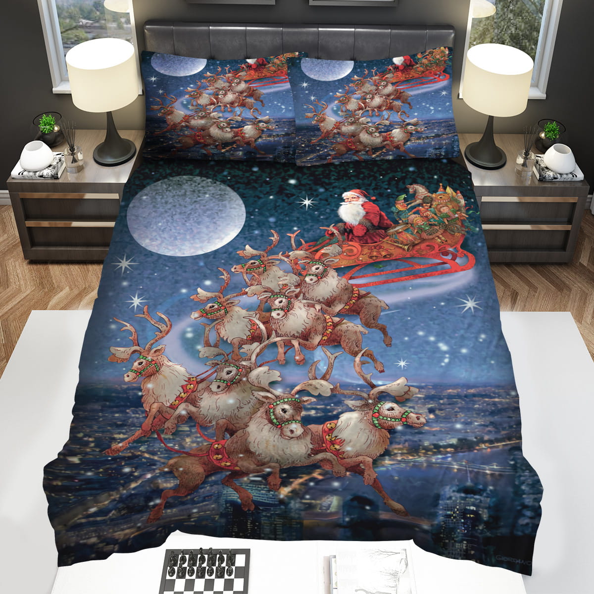 Christmas Night Santa Reindeer Sleigh Decorative Bedding Sets with Duvet Cover Flatsheet Pillowcase