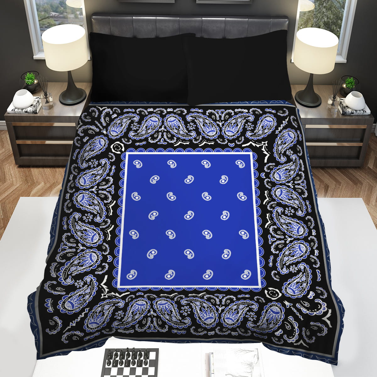 Classic Black And Blue Bandana Decorative Bedding Sets For Fan