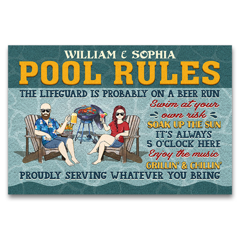 Pool Rules Swim At Your Own Risk Grilling Couple Husband Wife Custom Doormat