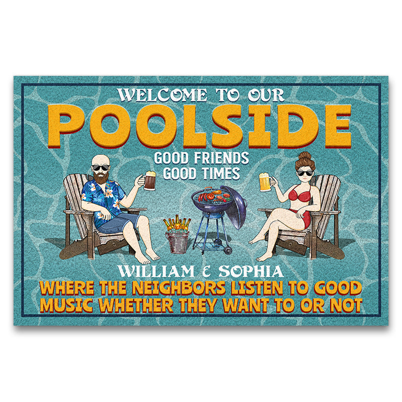Poolside Grilling Listen To Good Music Couple Husband Wife Custom Doormat