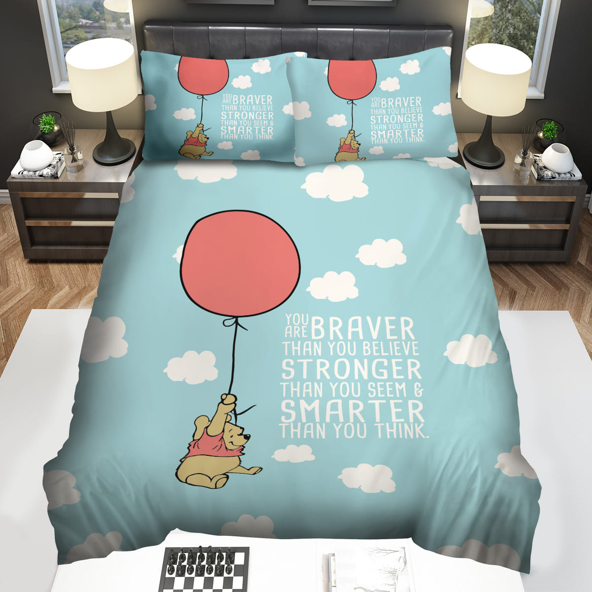 Disney Winnie The Pooh Flying By A Balloon And Quote On Bedding Sets Duvet Cover Flatsheet Pillowcase