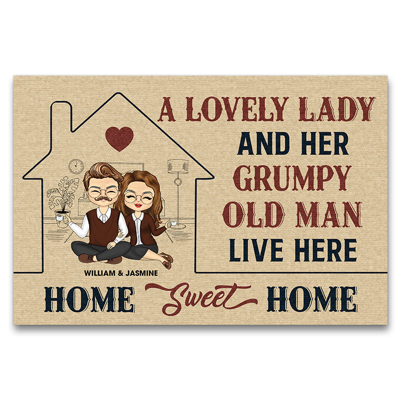 Old Couple A Lovely Lady And A Grumpy Old Man Live Here Husband Wife Couple Gift Custom Doormat