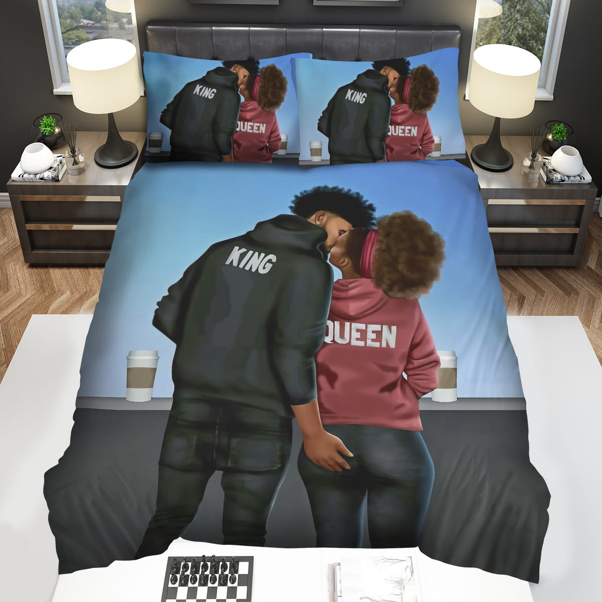 Black Couple Sport King & Queen Custom Name Decorative Bedding Sets For Fan
