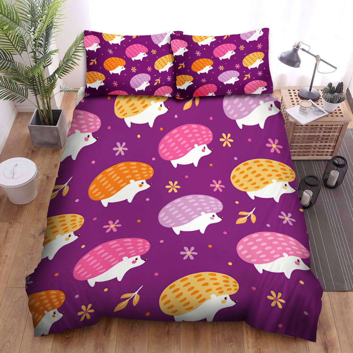 The Colorful Hedgehog And Flower Seamless Bedding Sets Flat Sheet Duvet Cover And Pillowcases