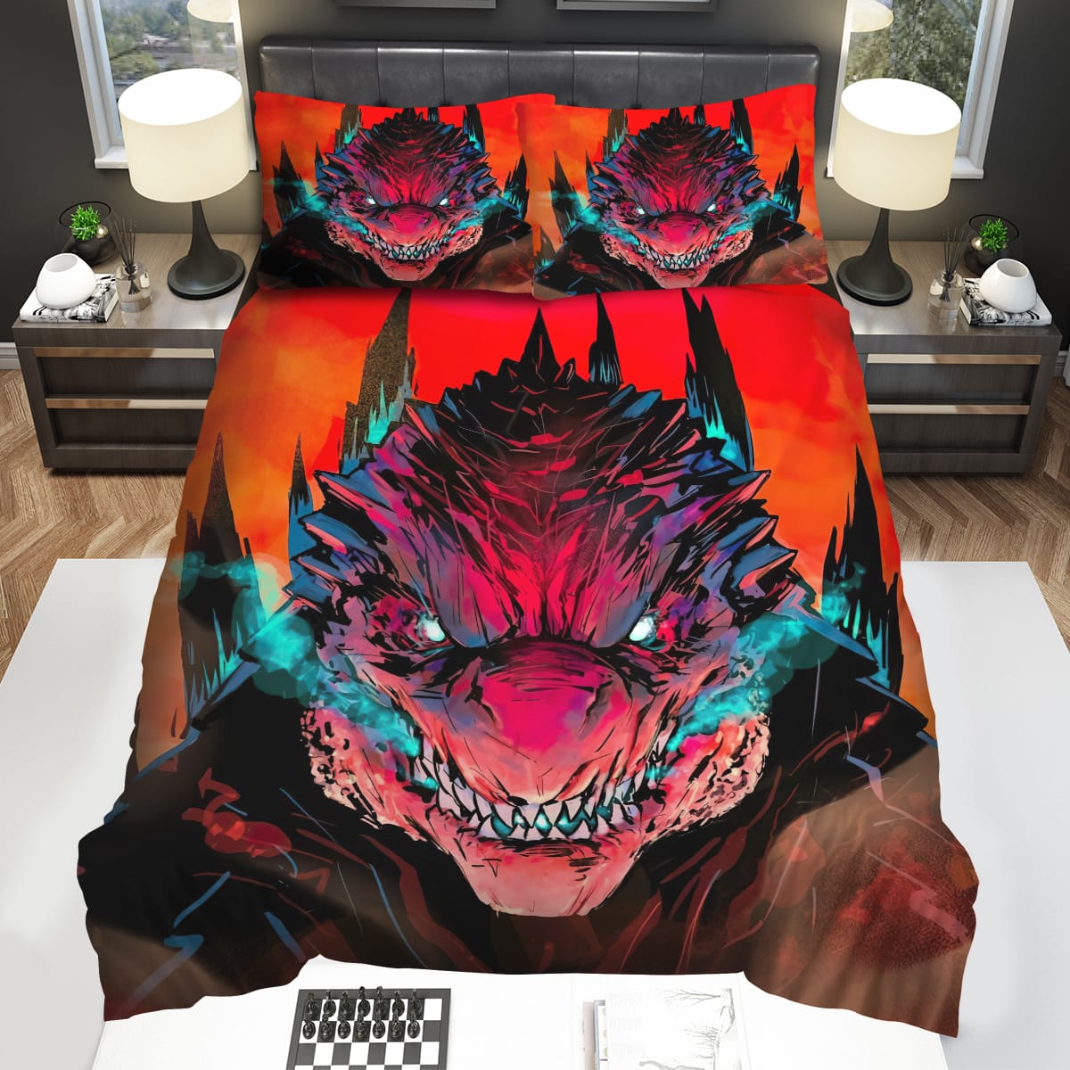 Angry Godzilla In Digital Drawing Portrait Bedding Sets Gift For Christmas Birthday Thanksgiving
