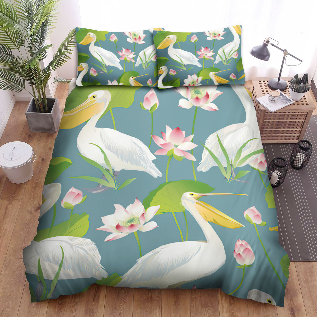 The Pelican And Lotus Flower Bedding Sets Flat Sheet Duvet Cover And Pillowcases