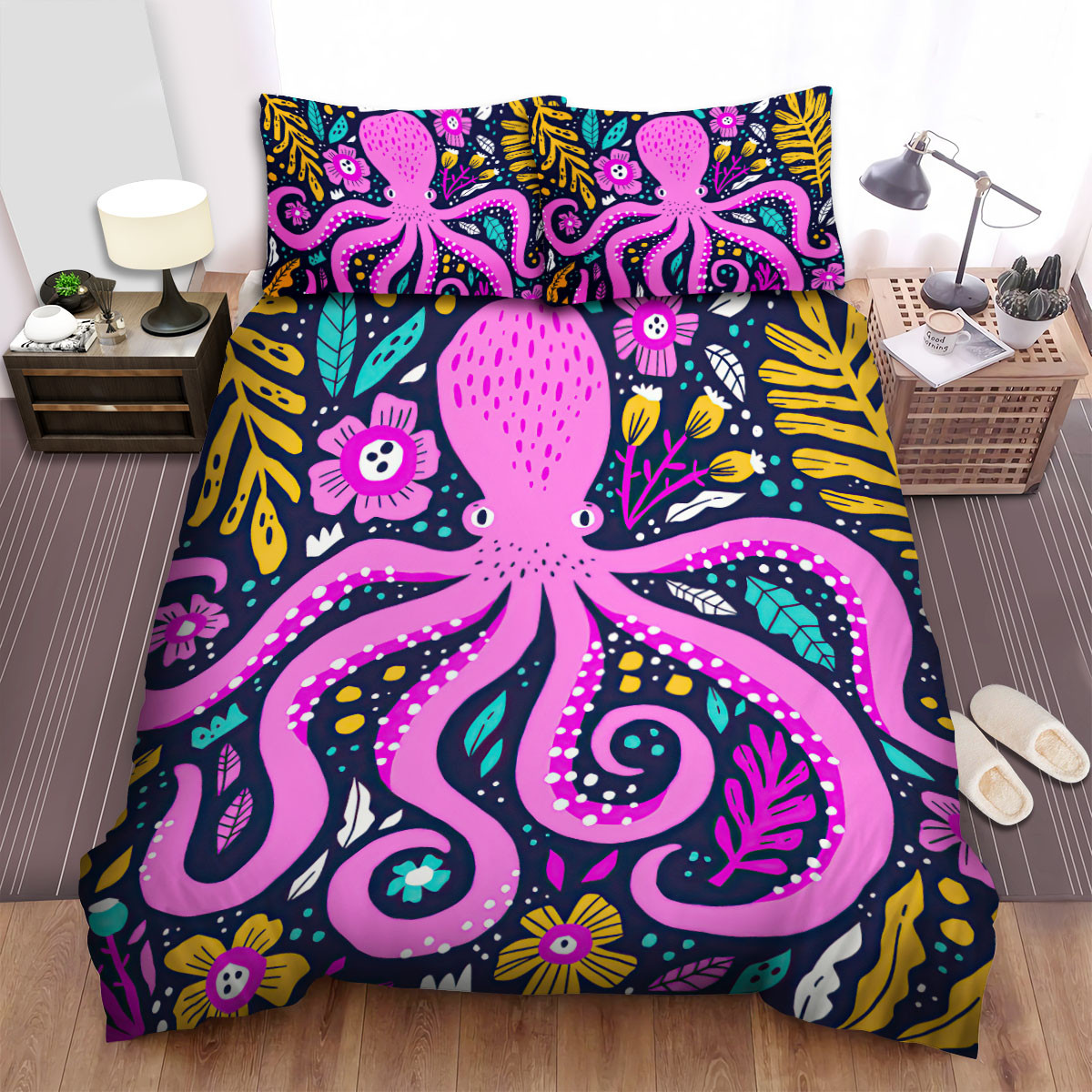 The Pink Octopus Among The Leaves Bedding Sets Flat Sheet Duvet Cover And Pillowcases