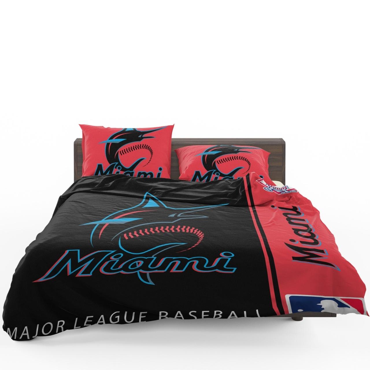 Miami Marlins Mlb Baseball National League Bedding Set Duvet Cover With Pillowcase Home Decor Gift For MLB Lovers