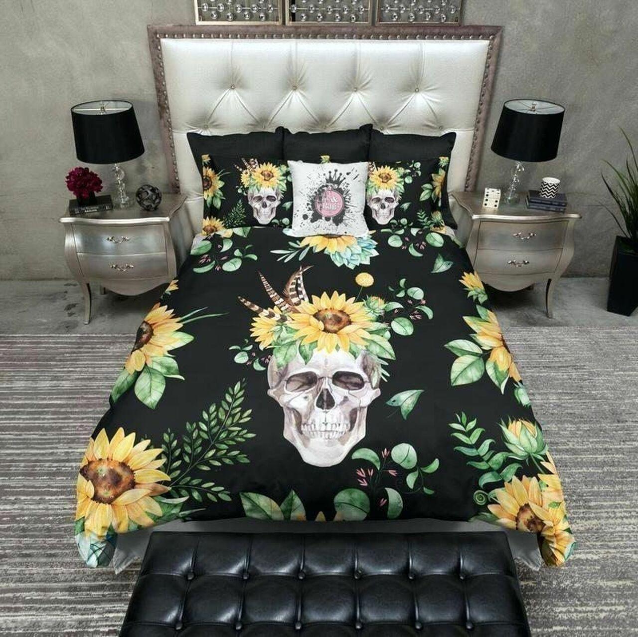 SunFlower Skull Clm2210262Bs Gothic Room Decoration With Home Bed Fitted Bedding Sheet Set Gift For Halloween Season