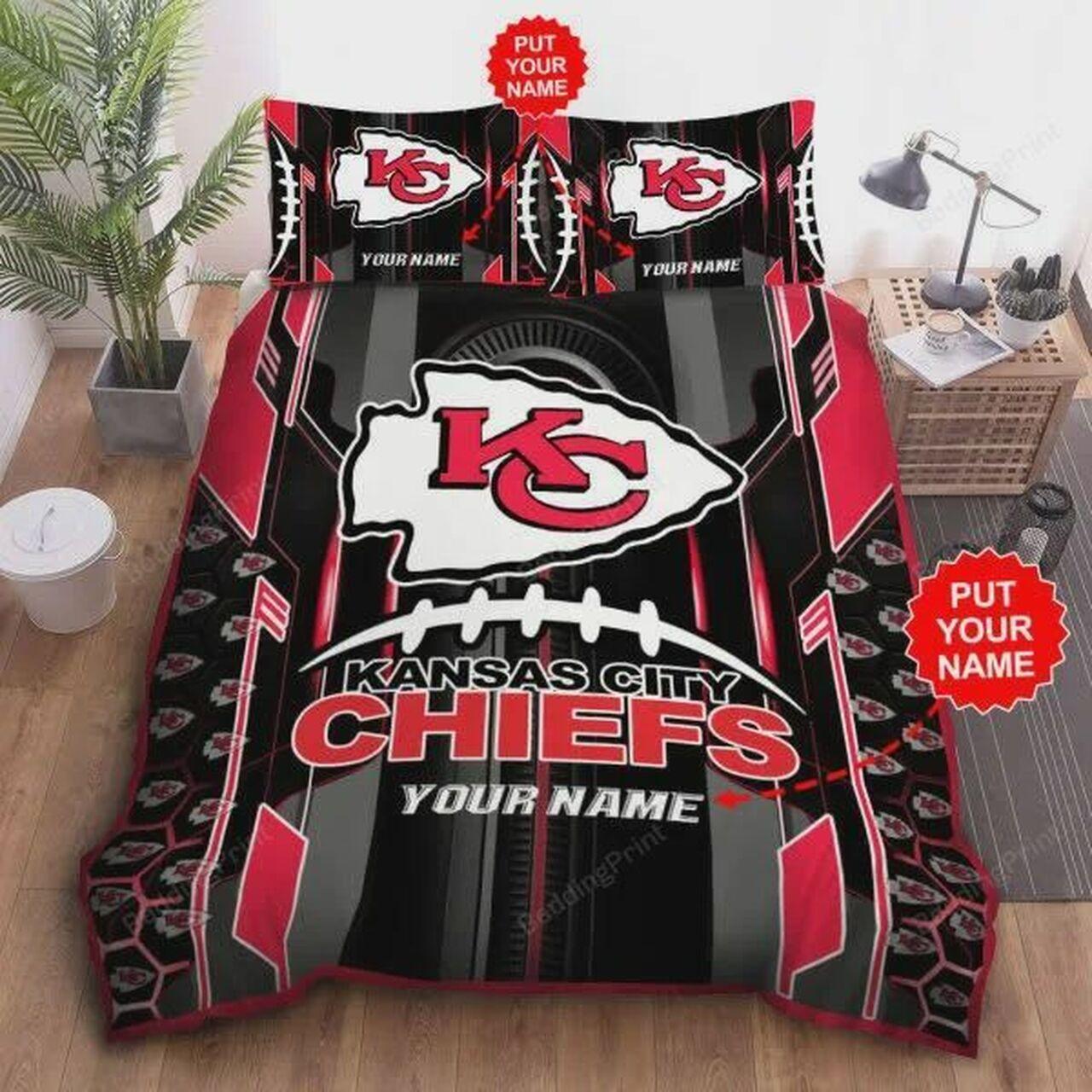 Customize Name Kansas City Chiefs Nfl Football Team Bedding Set Duvet Cover With Pillowcase Home Decor Gift For NFL Lovers