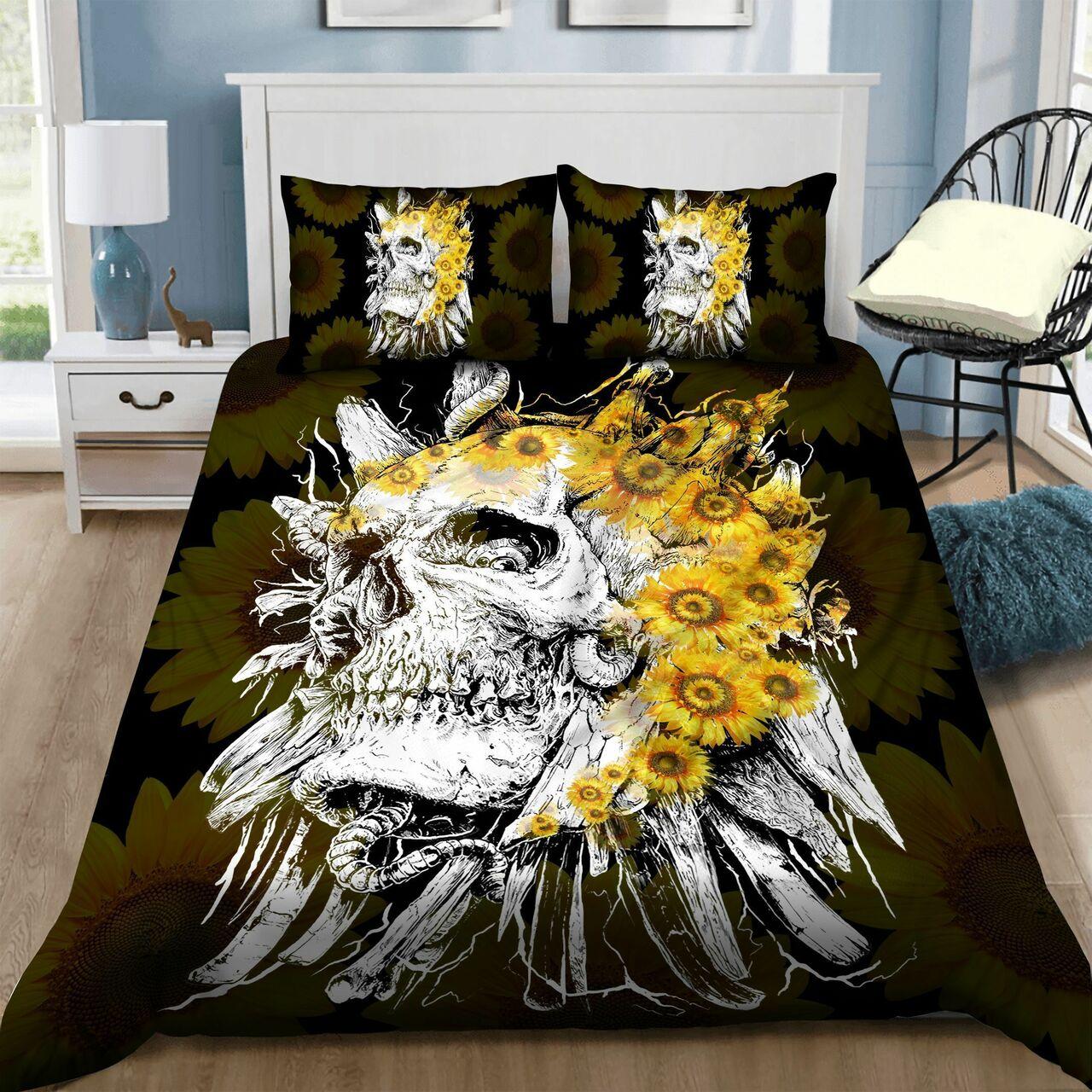 Skull With Sunflower Alluring Duvet Cover Gothic Room Decoration With Gift For Halloween Season