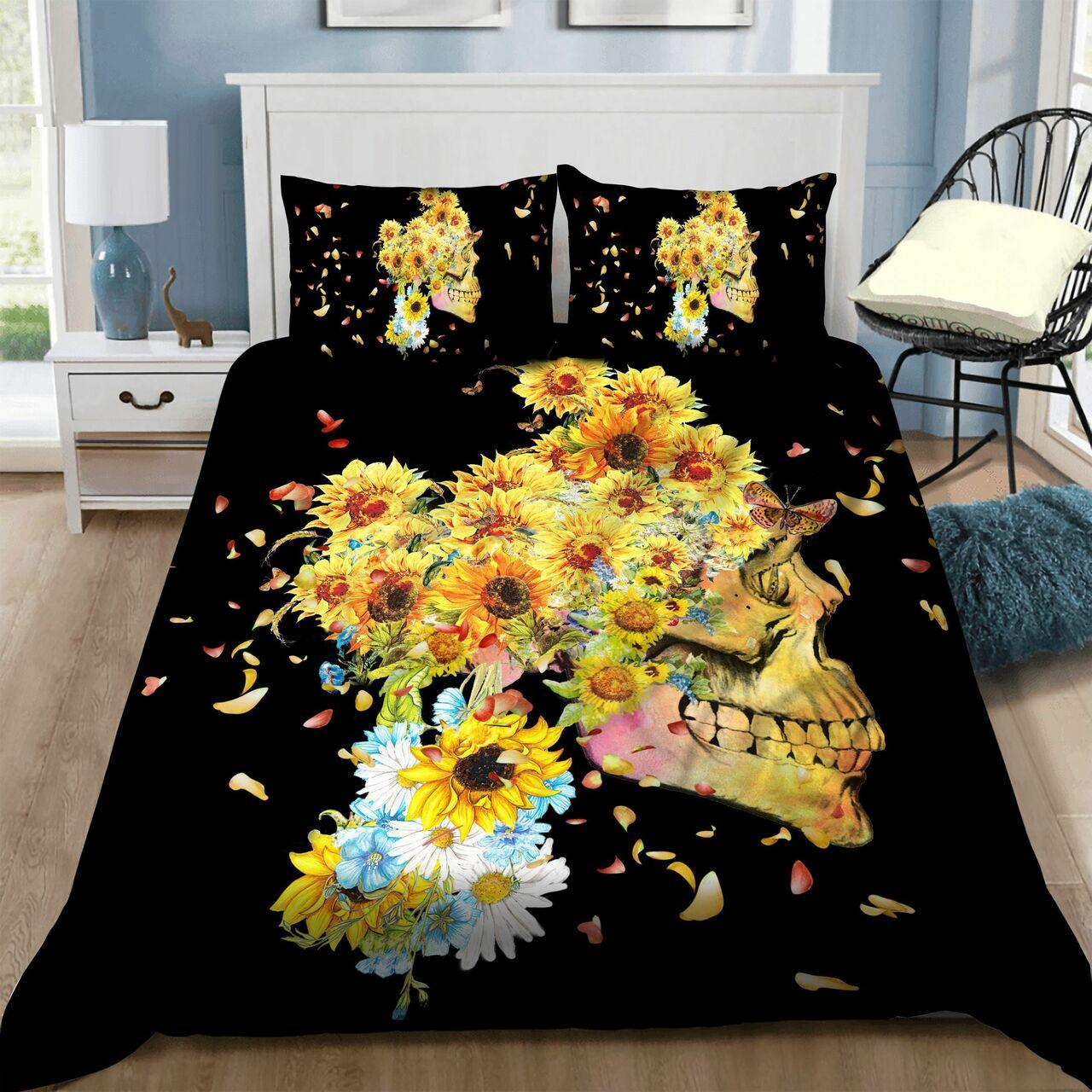 Skull Sunflower Stunning Room Decoration Bedding Set Duvet Cover With Pillowcase Gift For Halloween Season