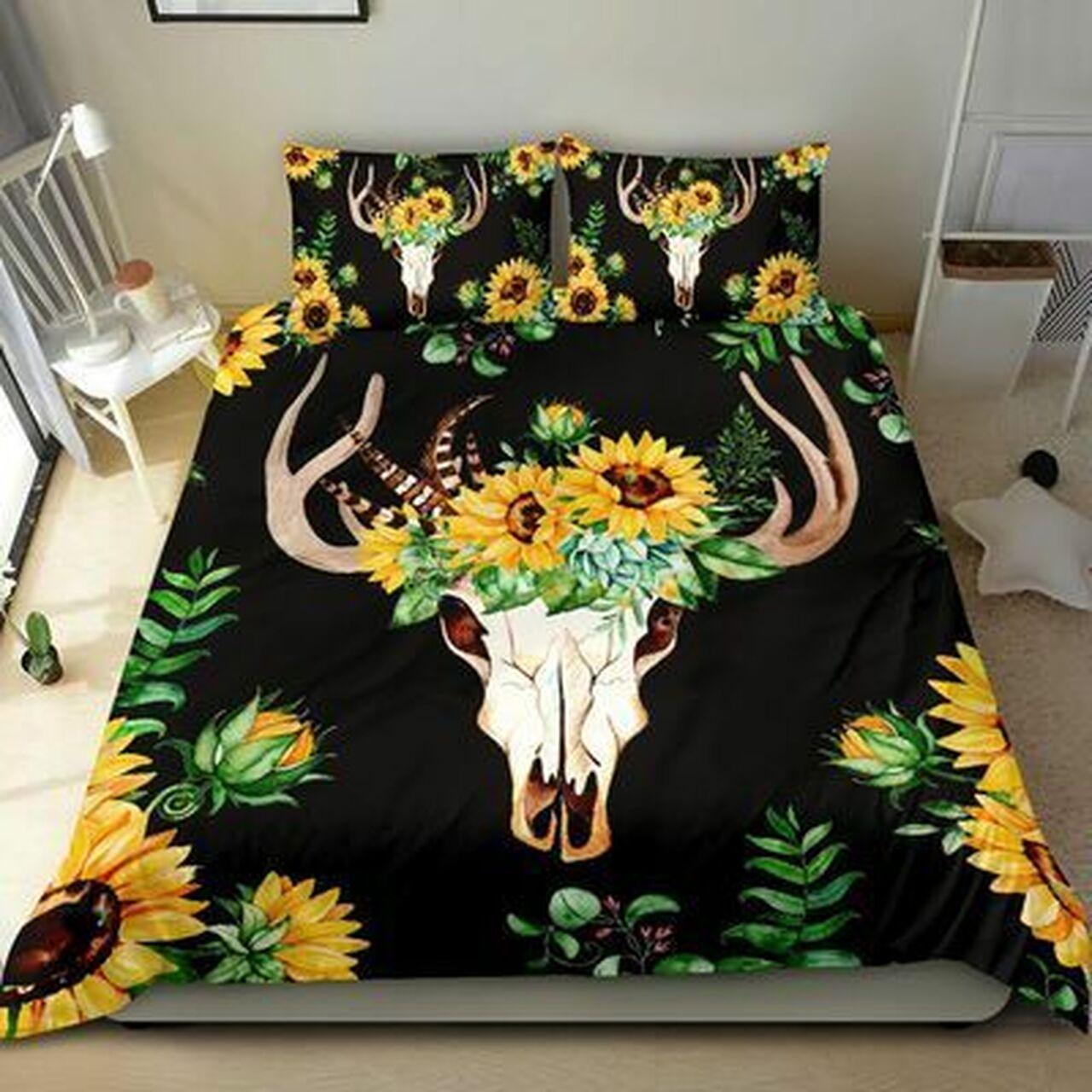 Sunflower And Deer Skull Clm2410254Bs Gothic Room Decoration With Home Bed Fitted Bedding Sheet Set Gift For Halloween Season