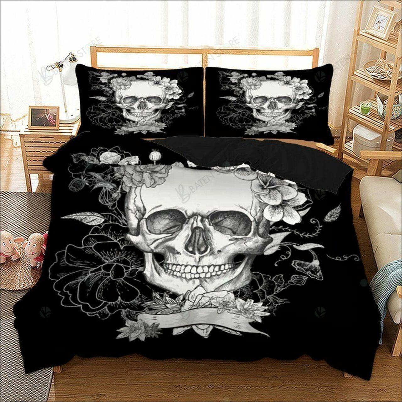 Skull Inflowers Custom Gothic Room Decoration With Home Bed Fitted Bedding Sheet Set Gift For Halloween Season