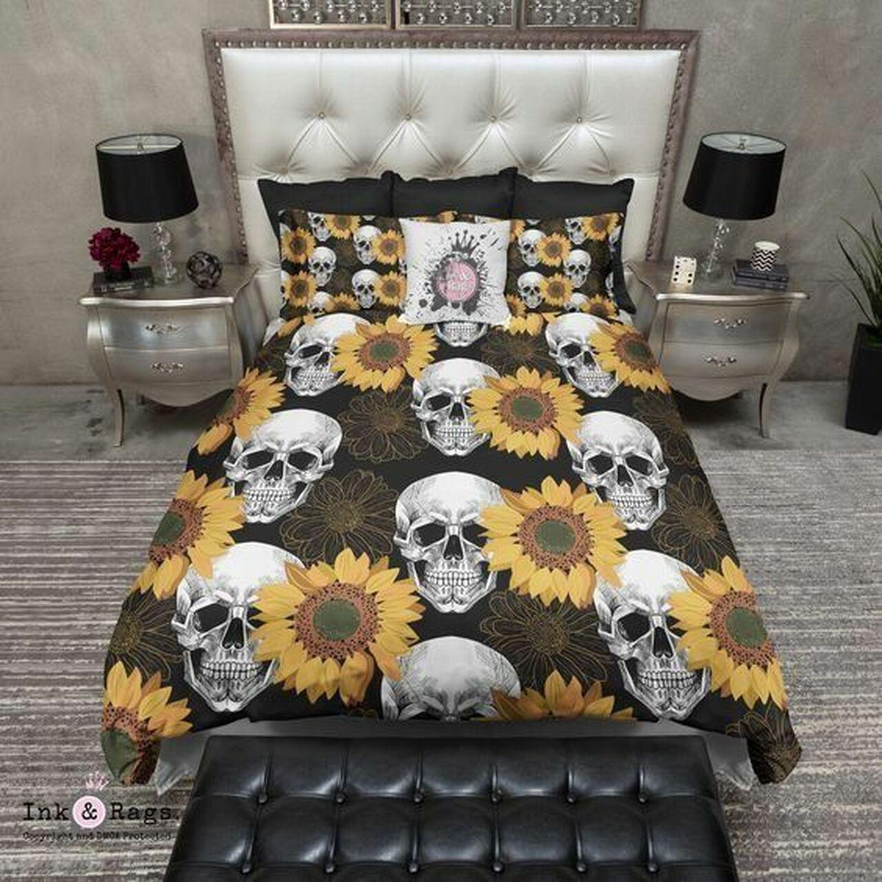 SunFlower Skull Clm0110322Bs Stunning Room Decoration Bedding Set Duvet Cover With Pillowcase Gift For Halloween Season