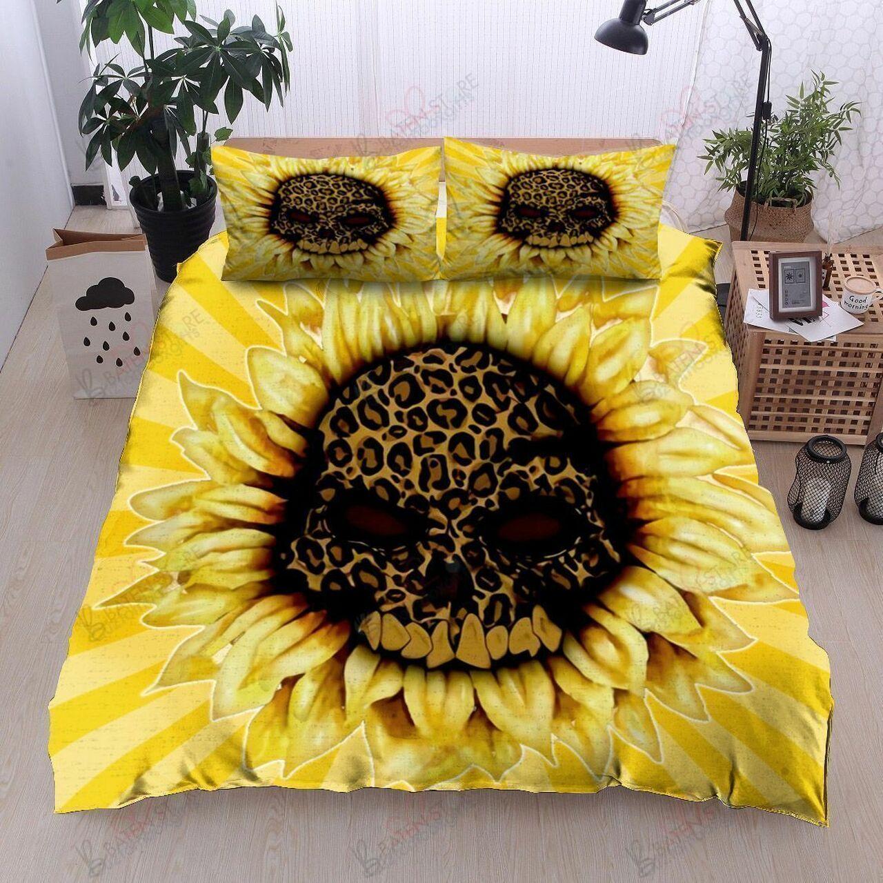 Sunflower Leopardkull Printed Stunning Room Decoration Home Bed Fitted Bedding Sheet Set Gift For Halloween Season