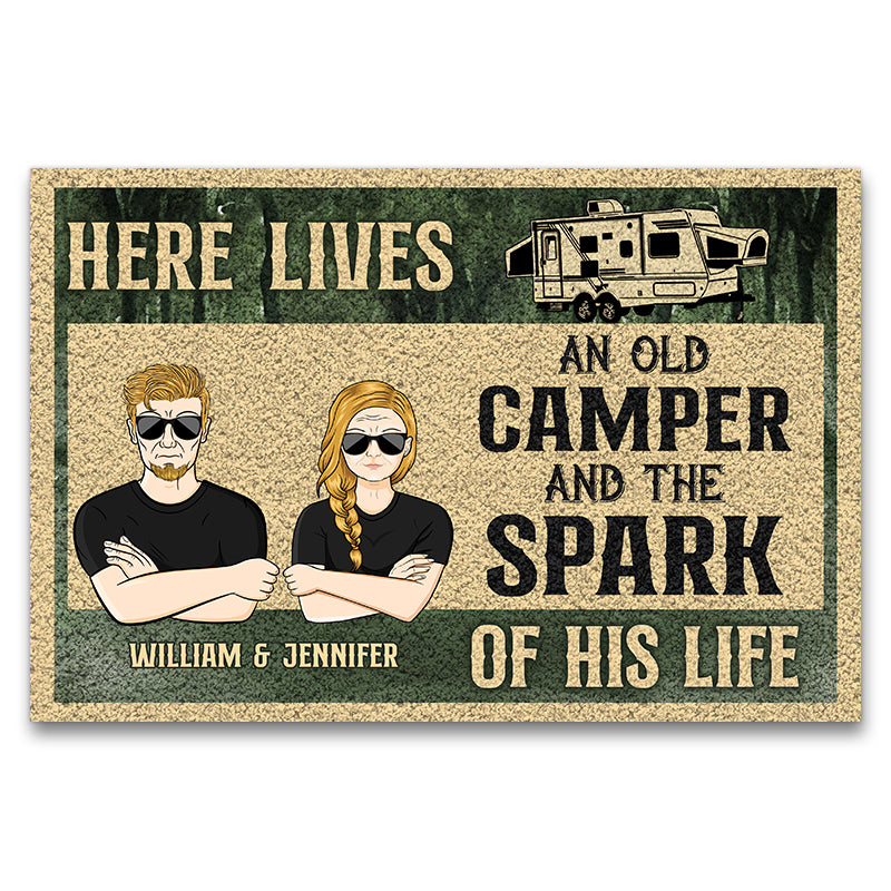 Here Lives An Old Camper Camping Couple Custom Doormat
