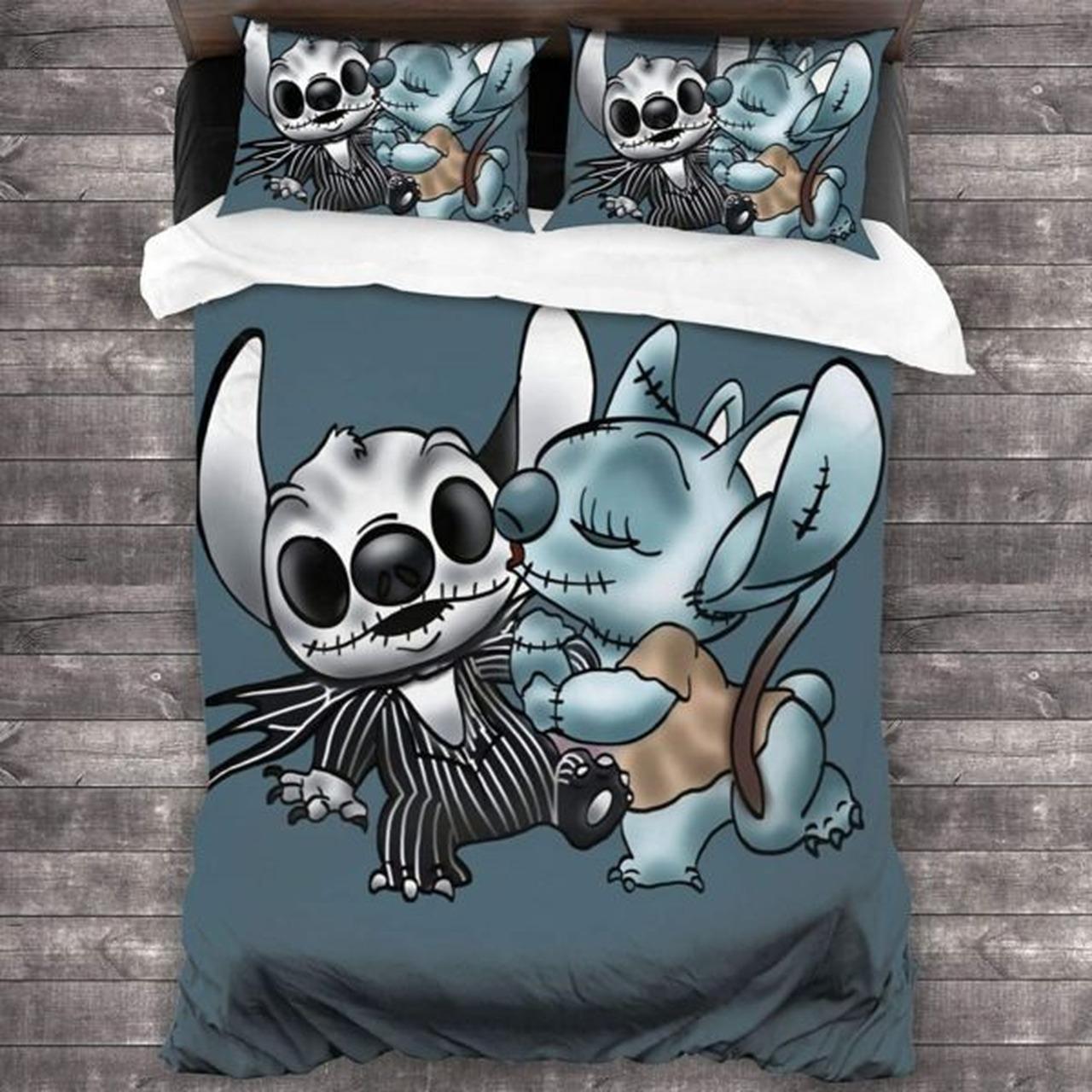 Stitch & Angel The Nightmare Before Christmas Creepy Room Decor Bedding Set Duvet Cover Meaningful Gift For Halloween Christmas For Disney Fan