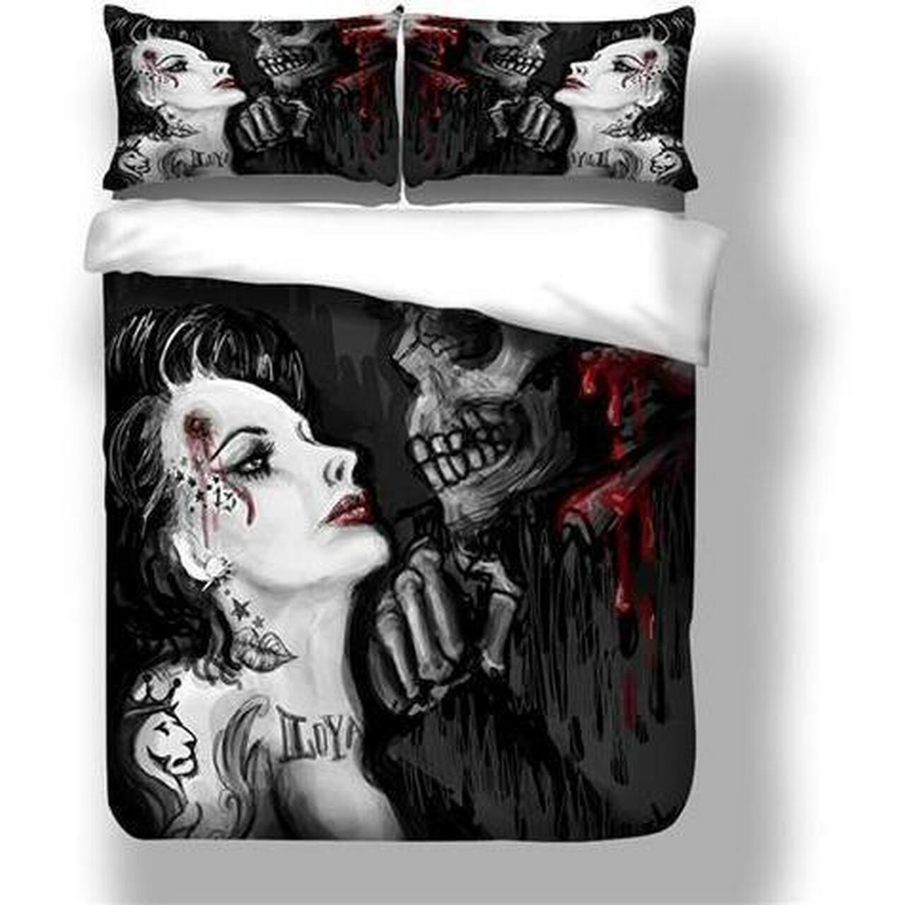 Skull And Beauty Gothic Room Decoration With Home Bed Fitted Bedding Sheet Set Gift For Halloween Season
