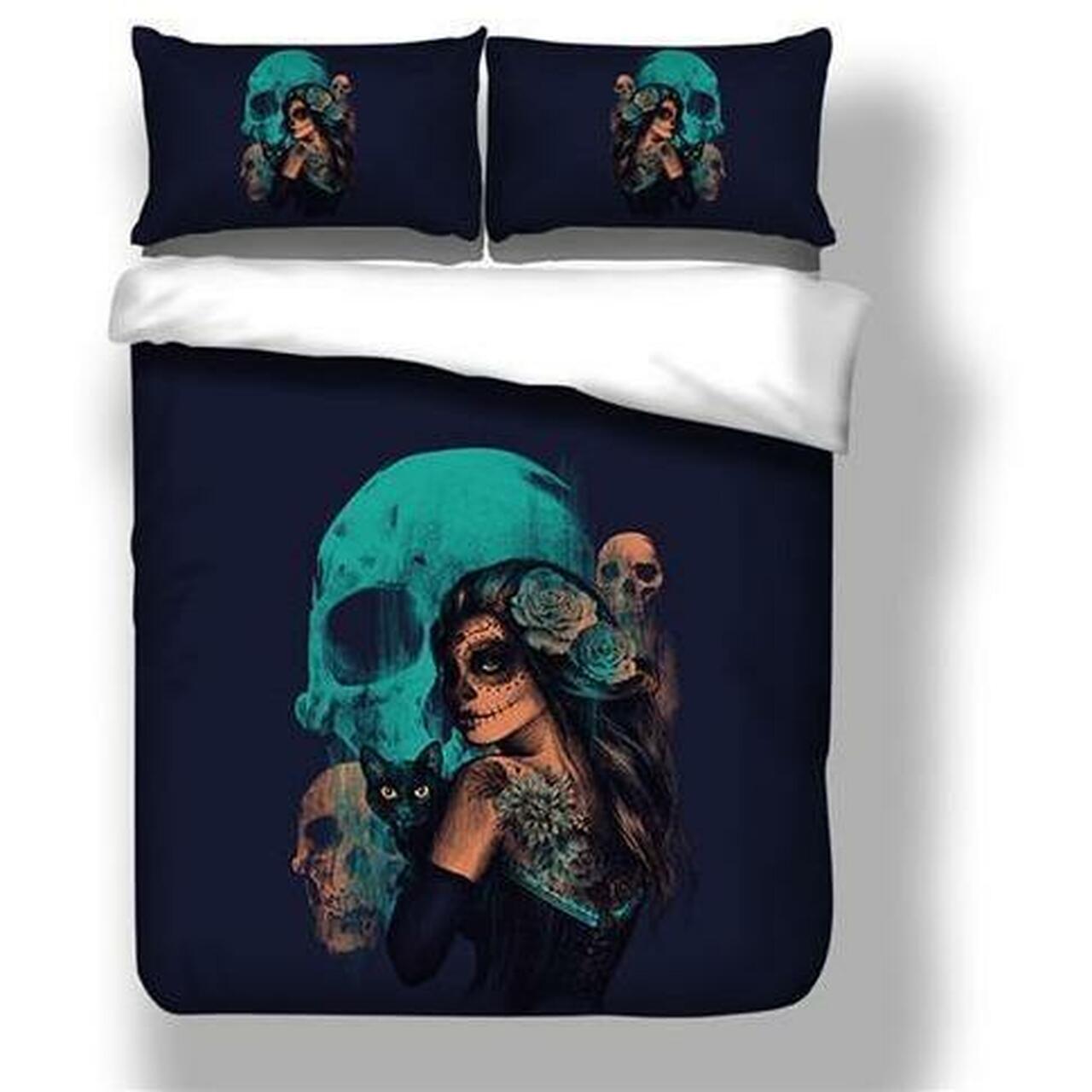 Makeup Teal Sugar Skull Gothic Room Decoration With Home Bed Fitted Bedding Sheet Set Gift For Halloween Season