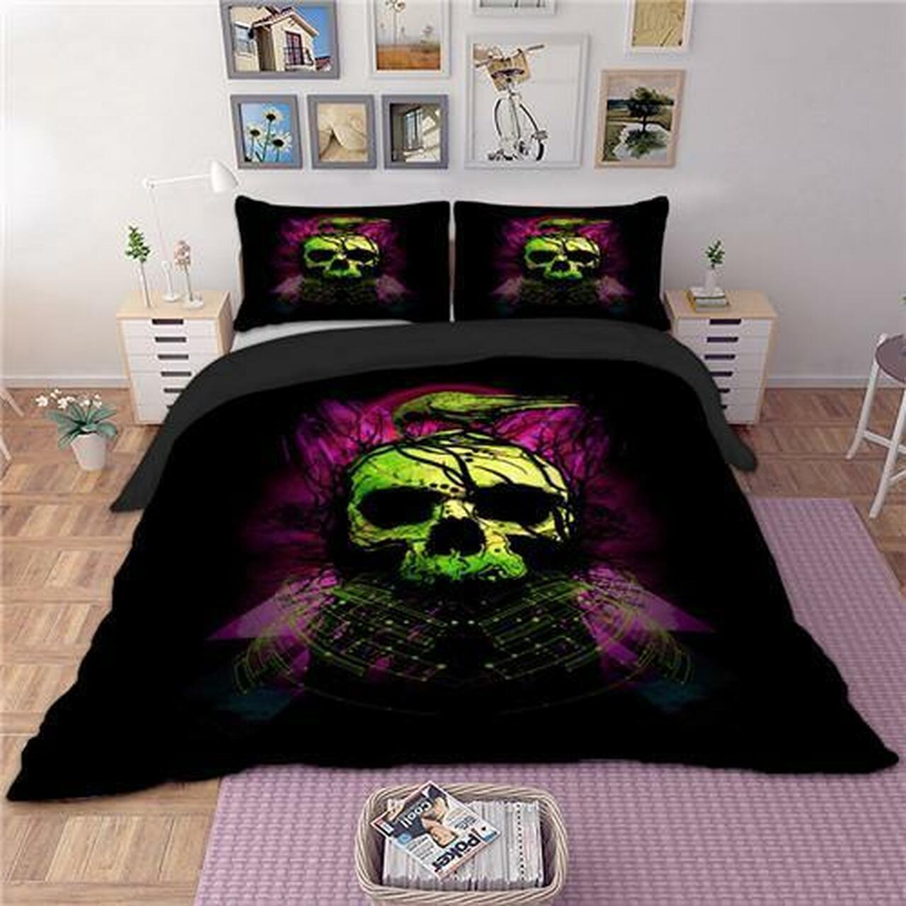 Green Skull Bird Gothic Room Decoration With Home Bed Fitted Bedding Sheet Set Gift For Halloween Season