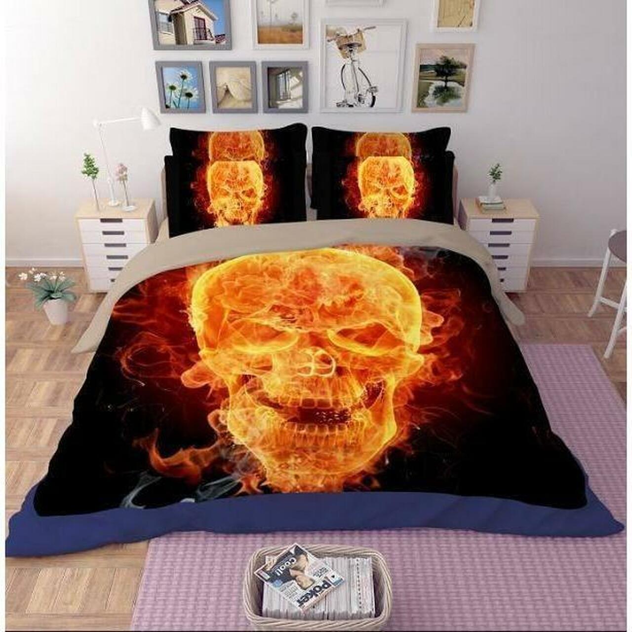 Fire Skull Gothic Room Decoration With Home Bed Fitted Bedding Sheet Set Gift For Halloween Season