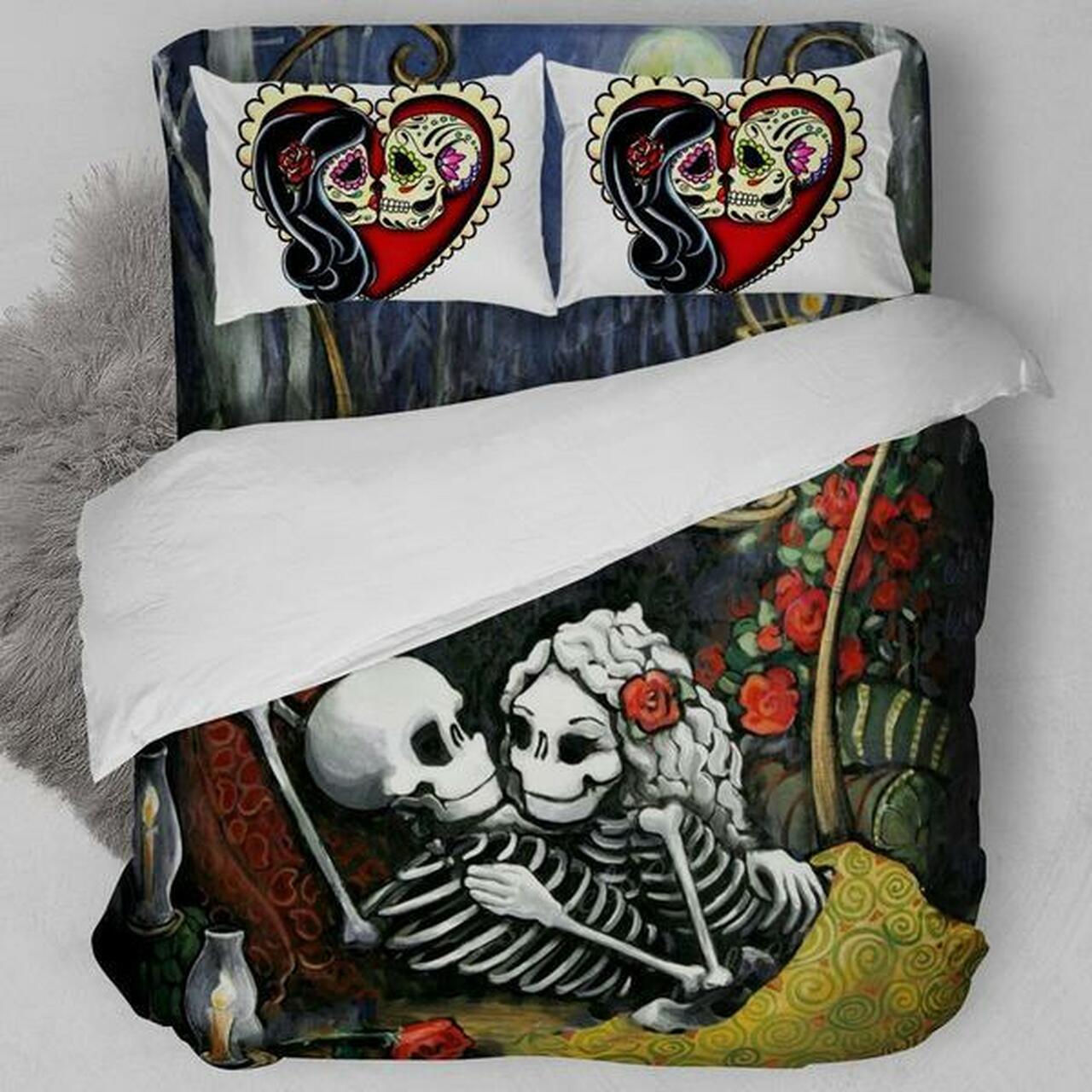 Skull Coulple Gothic Room Decoration With Home Bed Fitted Bedding Sheet Set Gift For Halloween Season