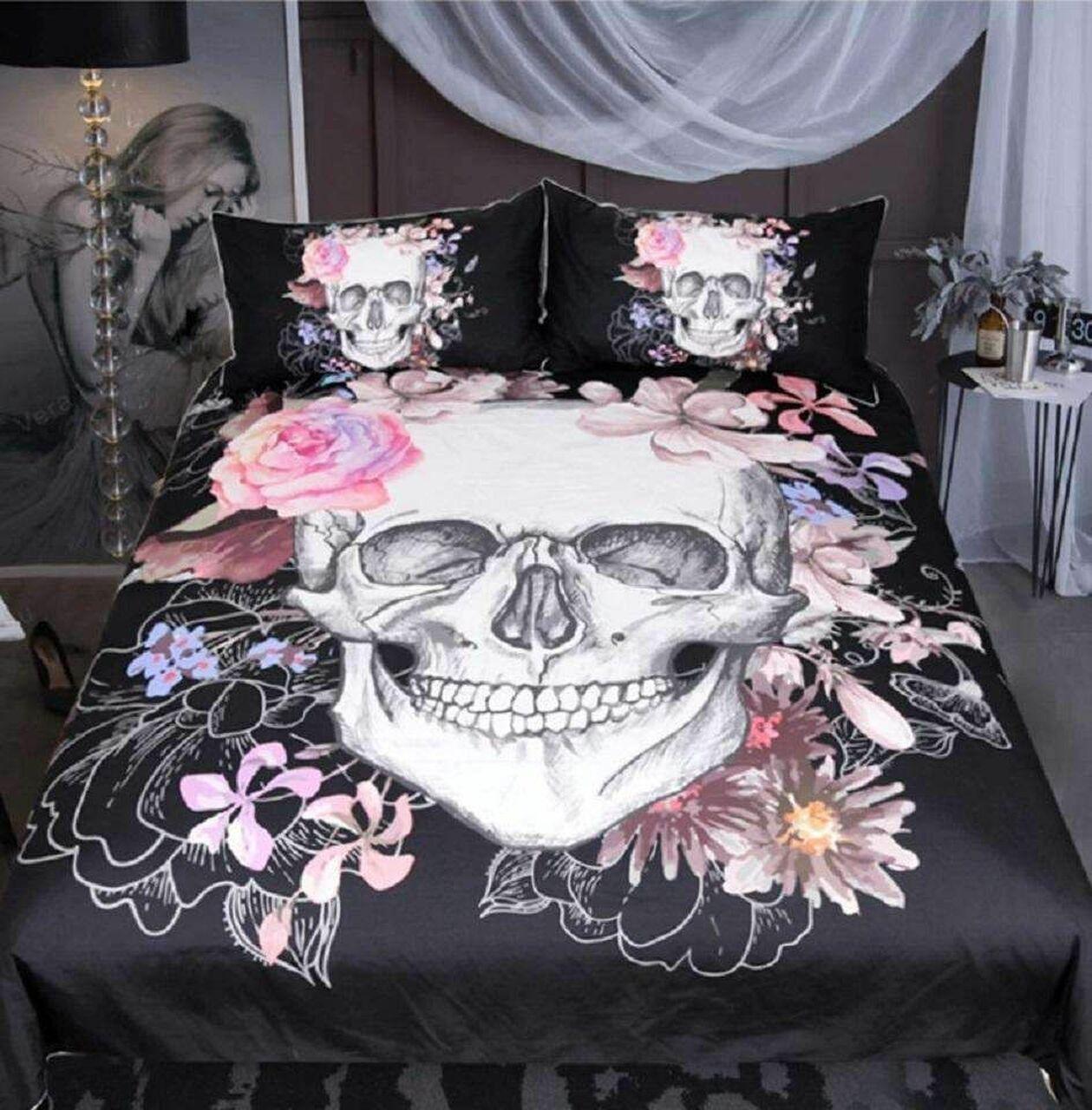 Sugar Skull And Floral Gothic Room Decoration With Home Bed Fitted Bedding Sheet Set Gift For Halloween Season