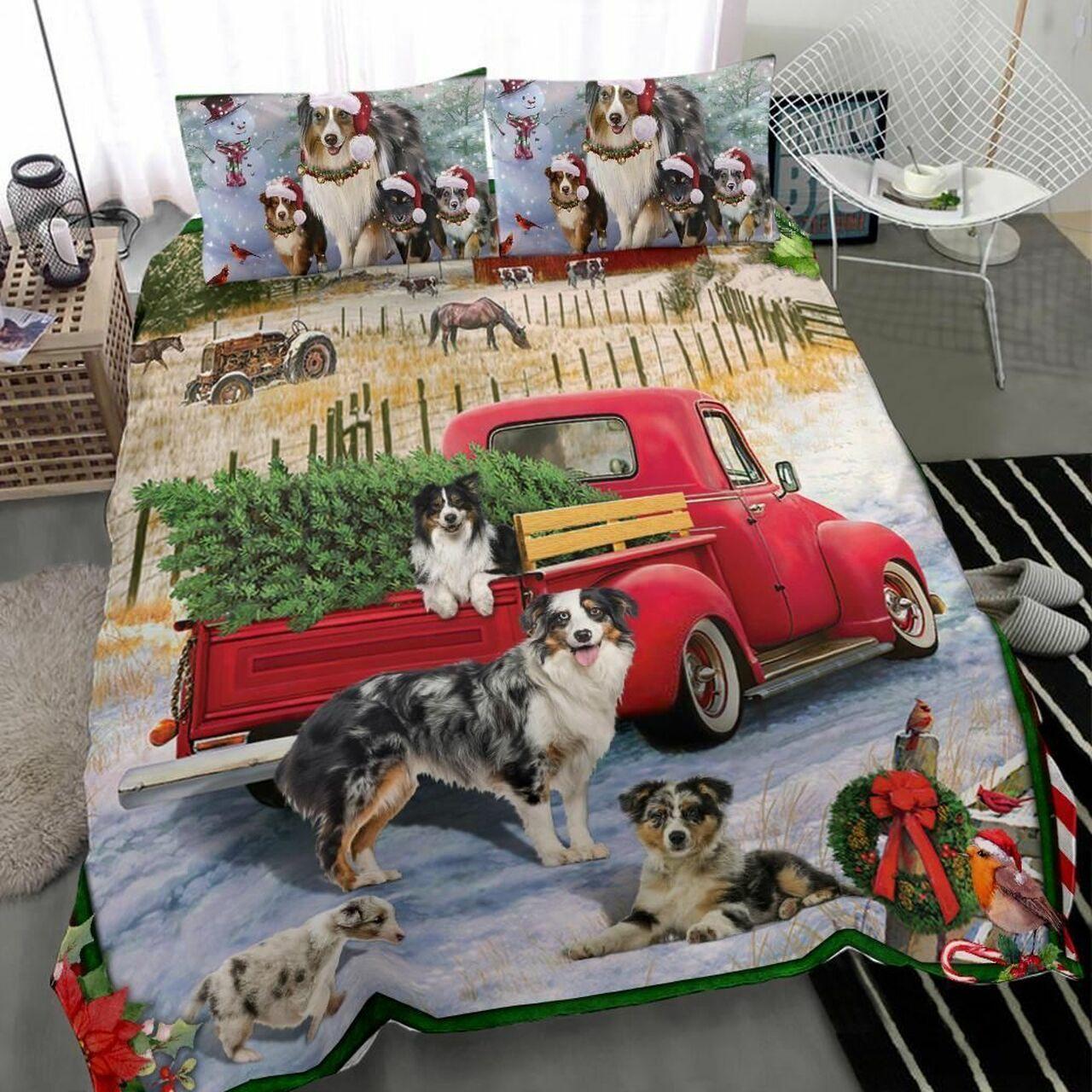 Australian Shepherd Red Truck Christmas Agrii Haiba Stunning Room Decor Duvet Cover Bedding Set Meaningful Gift For Kids Friend Family Member Holiday Gift