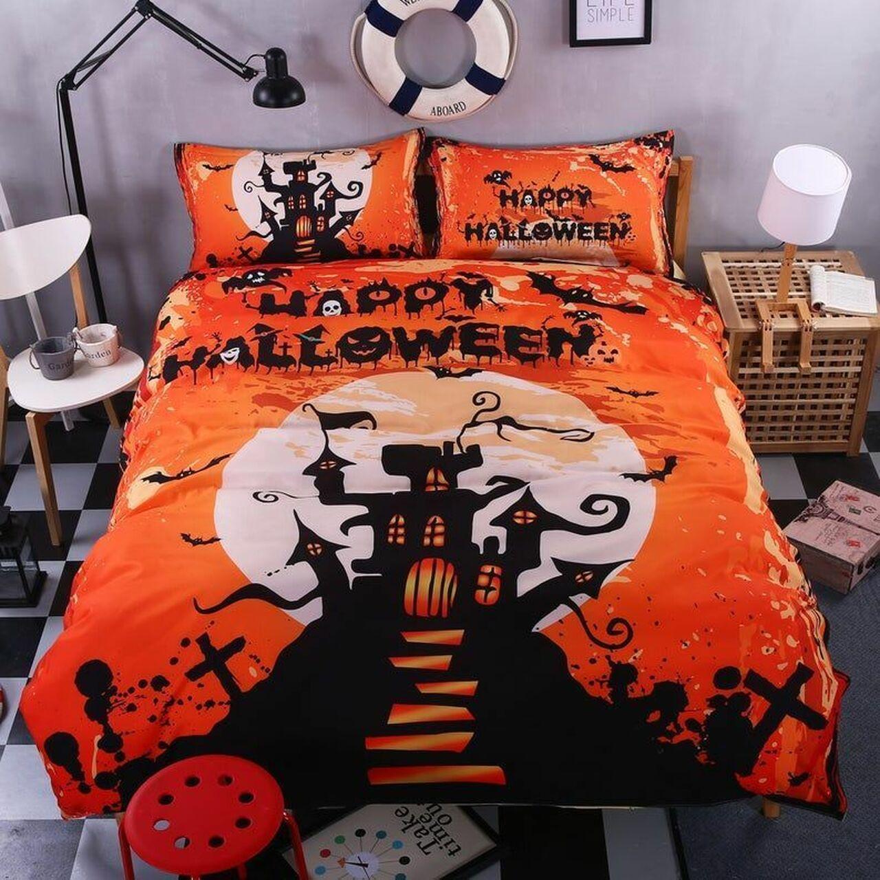 Halloween Castle Ghost Amazing Room Decor Gothic Bedding Set Duvet Cover Gift For Halloween Season
