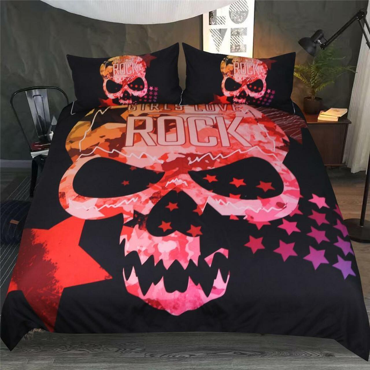 Skull Girls Love Rock Gothic Room Decoration With Home Bed Fitted Bedding Sheet Set Gift For Halloween Season