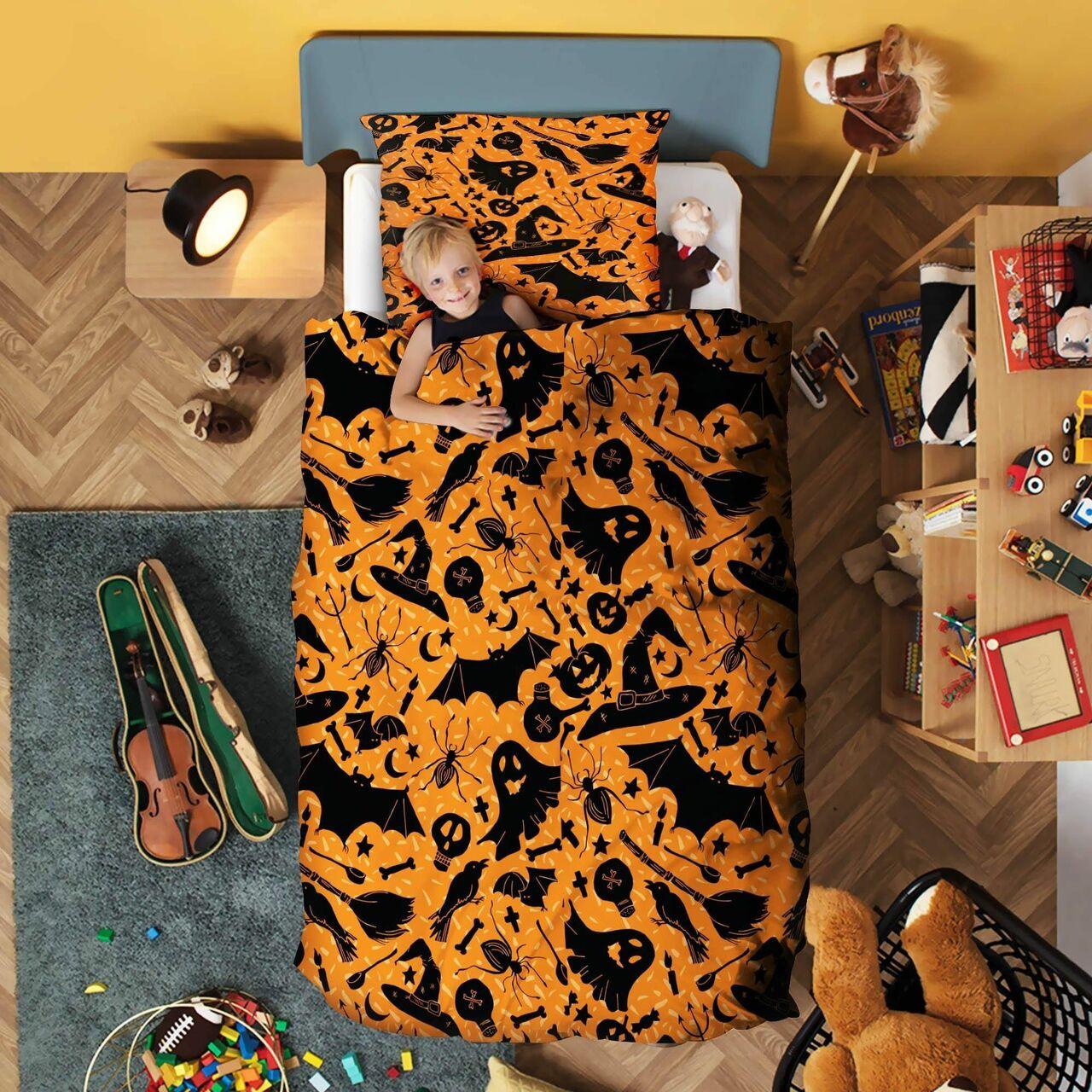 Halloween Orange Kid And Pillowcaseet Beautiful Room Decor Bedding Set Duvet Cover With Pillowcase Gift For Halloween Season