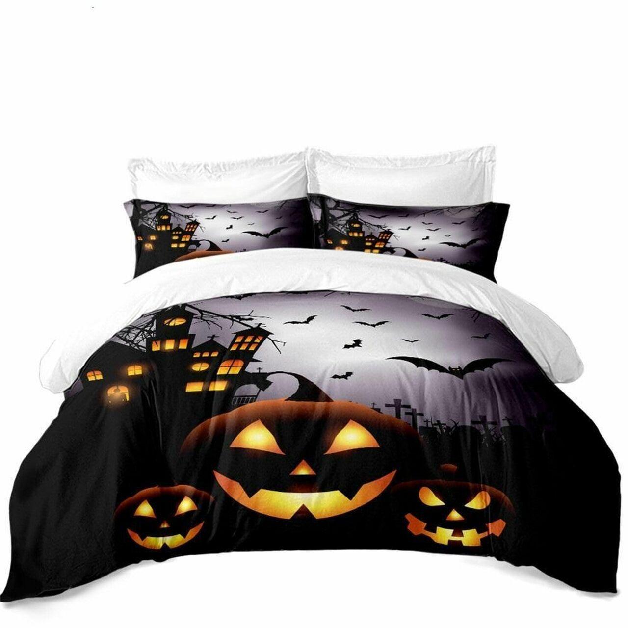 Halloween Night Pumpkin And Bat Beautiful Room Decor Bedding Set Duvet Cover With Pillowcase Gift For Halloween Season