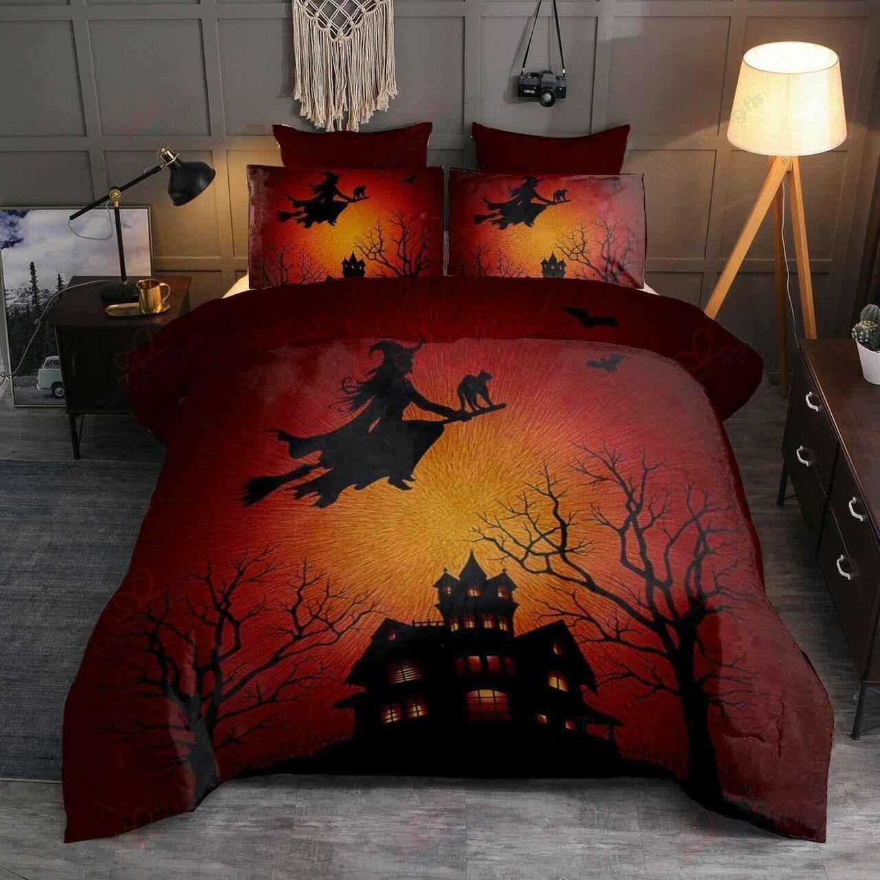 Halloween Witch Ride Broom Orangeky Printed Stunning Room Decoration Bedding Set Duvet Cover Gift For Halloween Season