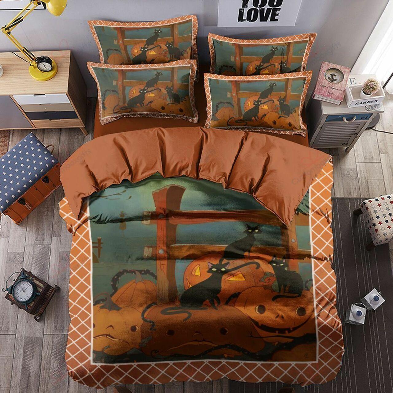 Cat Pumpkin Halloween Printed Stunning Room Decoration Bedding Set Duvet Cover Gift For Halloween Season