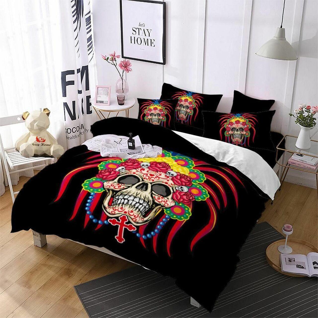 Colorful Feather Flower Print Skull Dhc0201185Dd Alluring Duvet Cover Gothic Room Decoration With Gift For Halloween Season