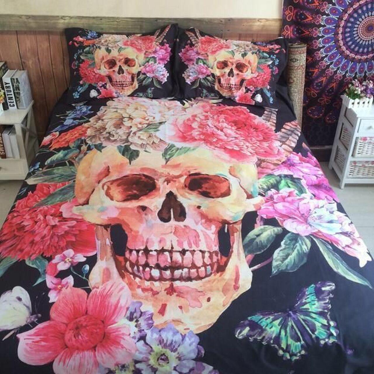 Flower Skulls Dhc0201162Dd Alluring Duvet Cover Gothic Room Decoration With Gift For Halloween Season