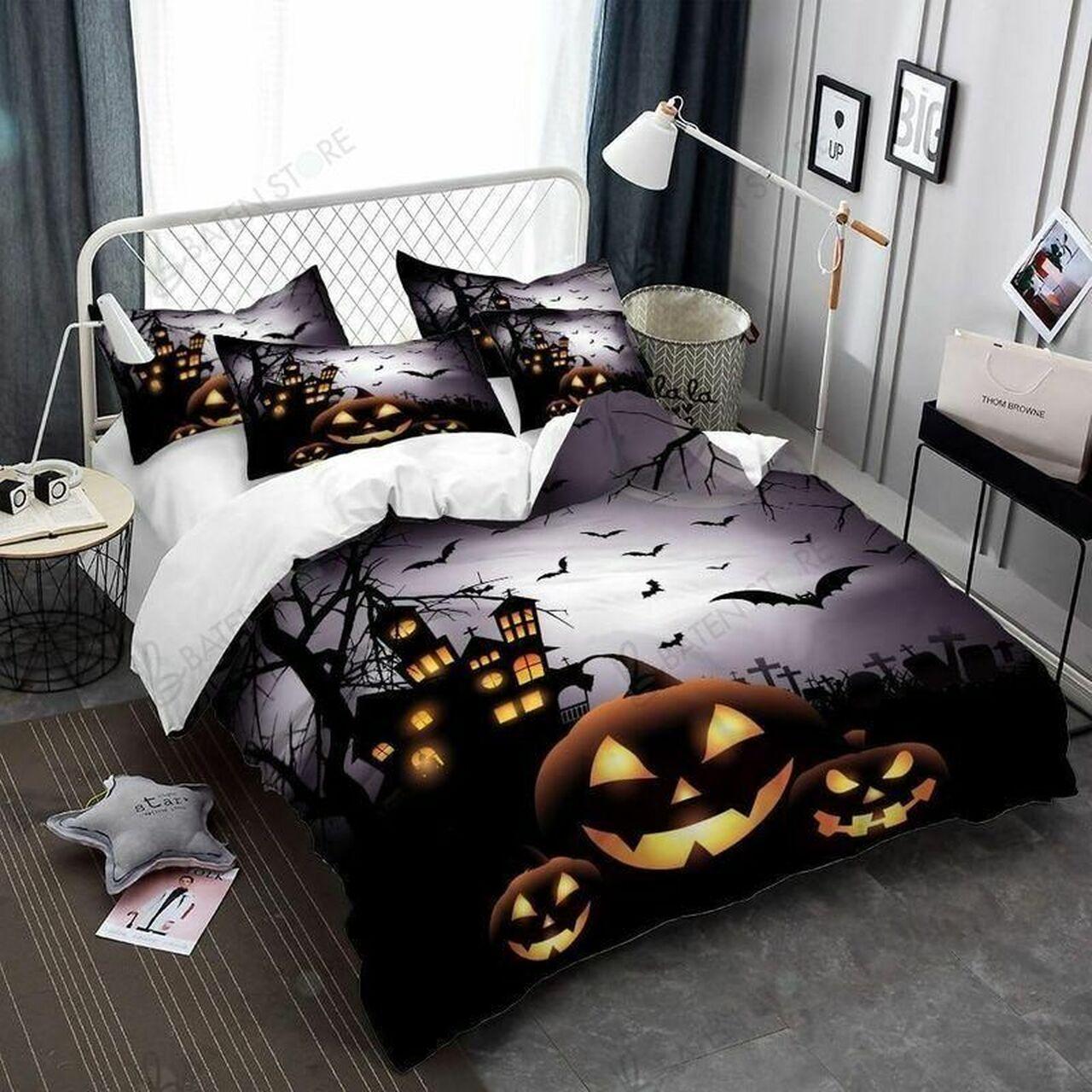 Cartoon Pumpkin Halloween Night Printed Stunning Room Decoration Bedding Set Duvet Cover Gift For Halloween Season