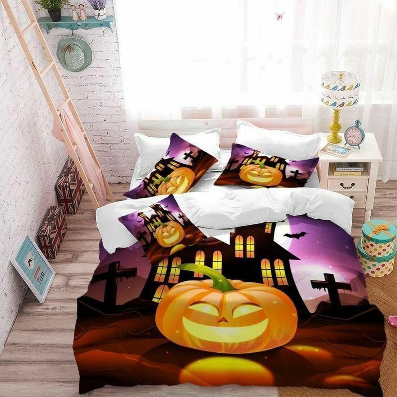 Halloween Funny Cartoon Pumpkin Church Stunning Room Decoration Bedding Set Duvet Cover Gift For Halloween Season
