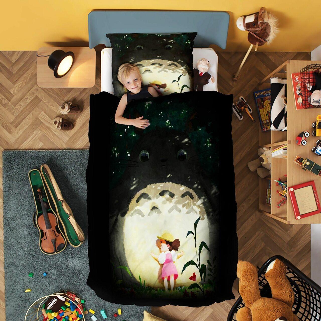 Totoro Hug Kid Ghibli Alluring Art Bedding Set Duvet Cover With Pillowcase Meaningful Gift For Anime Ghibli Lover